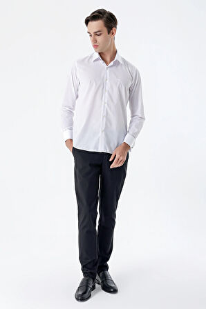 Beyaz Uzun Kollu Sert Yaka Cepsiz Basic Slim Fit Dar Kesim Gömlek 1004235059