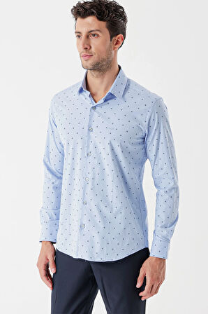 Koyu Mavi Uzun Kollu Baskılı Bez Ayağı Sert Yaka Cepsiz Garnili Klasik Slim Fit Gömlek 1004235106