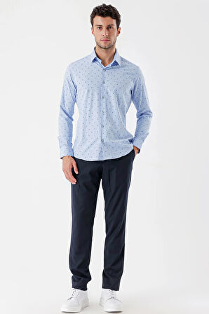 Koyu Mavi Uzun Kollu Baskılı Bez Ayağı Sert Yaka Cepsiz Garnili Klasik Slim Fit Gömlek 1004235106