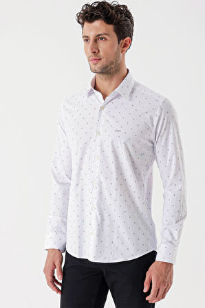 Beyaz Uzun Kollu Baskılı Bez Ayağı Sert Yaka Cepsiz Garnili Klasik Slim Fit Gömlek 1004235106