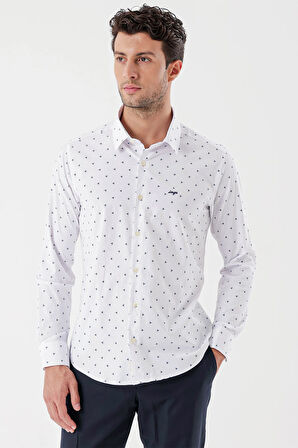Beyaz Uzun Kollu Baskılı Bez Ayağı Sert Yaka Cepsiz Garnili Klasik Slim Fit Gömlek 1004235106