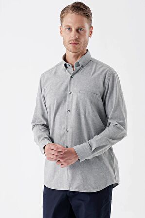 Gri Uzun Kollu Gabardin Sert Yaka Cepli Casual Comfort Fit Rahat Kesim Gömlek 1004235108