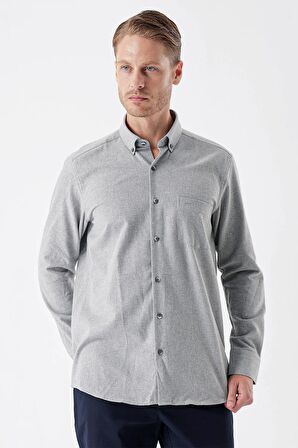 Gri Uzun Kollu Gabardin Sert Yaka Cepli Casual Comfort Fit Rahat Kesim Gömlek 1004235108