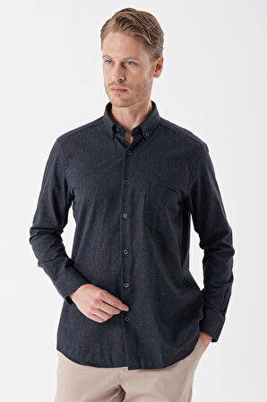 Lacivert Uzun Kollu Gabardin Sert Yaka Cepli Casual Comfort Fit Rahat Kesim Gömlek 1004235108