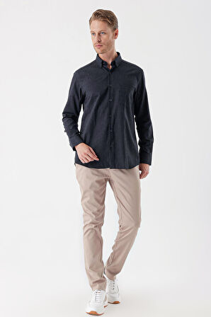 Lacivert Uzun Kollu Gabardin Sert Yaka Cepli Casual Comfort Fit Rahat Kesim Gömlek 1004235108