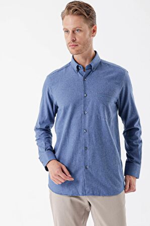 Mavi Uzun Kollu Gabardin Sert Yaka Cepli Casual Comfort Fit Rahat Kesim Gömlek 1004235108
