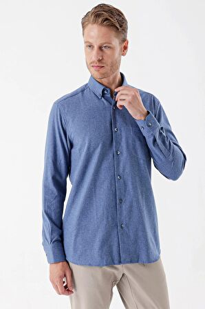 Mavi Uzun Kollu Gabardin Sert Yaka Cepli Casual Comfort Fit Rahat Kesim Gömlek 1004235108