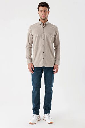 Açık Bej Uzun Kollu Gabardin Sert Yaka Cepli Casual Comfort Fit Rahat Kesim Gömlek 1004235108