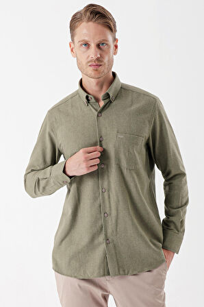 Koyu Haki Uzun Kollu Gabardin Sert Yaka Cepli Casual Comfort Fit Rahat Kesim Gömlek 1004235108