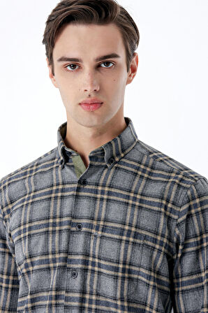 Uzun Kollu Ekoseli Gabardin Sert Yaka Cepli Garnili Casual Comfort Fit Gömlek 1004235109 Füme