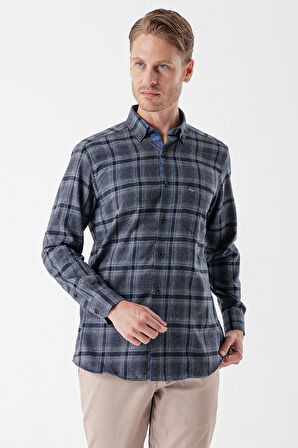 Uzun Kollu Ekoseli Gabardin Sert Yaka Cepli Garnili Casual Comfort Fit Gömlek 1004235109 Koyu Lacivert