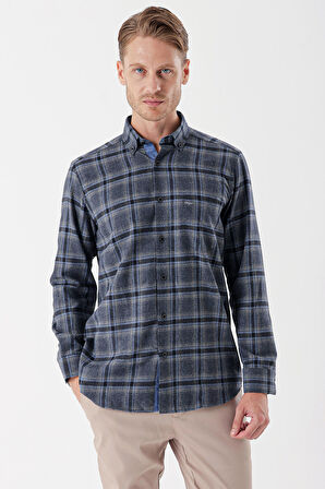 Uzun Kollu Ekoseli Gabardin Sert Yaka Cepli Garnili Casual Comfort Fit Gömlek 1004235109 Koyu Lacivert