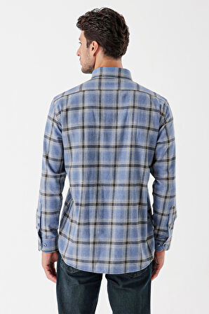 Uzun Kollu Ekoseli Gabardin Sert Yaka Cepli Garnili Casual Comfort Fit Gömlek 1004235109 Koyu Mavi