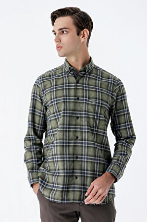 Uzun Kollu Ekoseli Gabardin Sert Yaka Cepli Garnili Casual Comfort Fit Gömlek 1004235109 Koyu Haki
