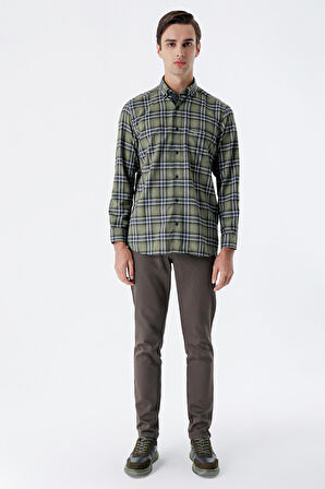 Uzun Kollu Ekoseli Gabardin Sert Yaka Cepli Garnili Casual Comfort Fit Gömlek 1004235109 Koyu Haki