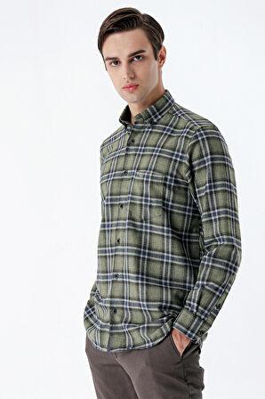 Uzun Kollu Ekoseli Gabardin Sert Yaka Cepli Garnili Casual Comfort Fit Gömlek 1004235109 Koyu Haki