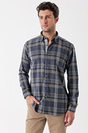 Uzun Kollu Ekoseli Gabardin Sert Yaka Cepli Garnili Casual Comfort Fit Gömlek 1004235110 Koyu Lacivert