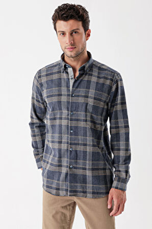 Uzun Kollu Ekoseli Gabardin Sert Yaka Cepli Garnili Casual Comfort Fit Gömlek 1004235110 Koyu Lacivert