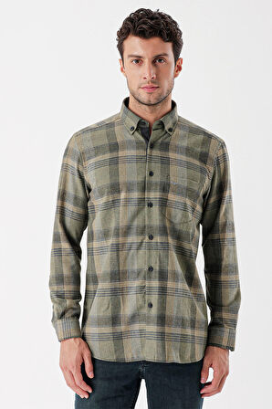 Uzun Kollu Ekoseli Gabardin Sert Yaka Cepli Garnili Casual Comfort Fit Gömlek 1004235110 Koyu Haki