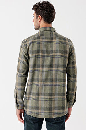 Uzun Kollu Ekoseli Gabardin Sert Yaka Cepli Garnili Casual Comfort Fit Gömlek 1004235110 Koyu Haki