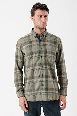 Uzun Kollu Ekoseli Gabardin Sert Yaka Cepli Garnili Casual Comfort Fit Gömlek 1004235110 Koyu Haki