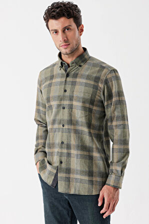 Uzun Kollu Ekoseli Gabardin Sert Yaka Cepli Garnili Casual Comfort Fit Gömlek 1004235110 Koyu Haki