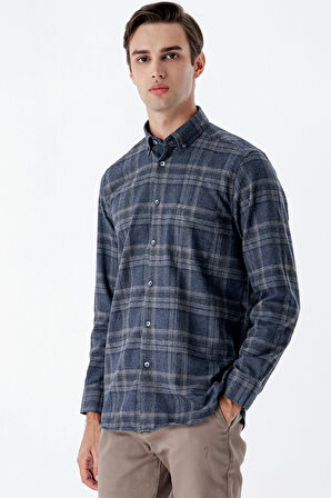 Uzun Kollu Ekoseli Gabardin Sert Yaka Cepli Garnili Casual Comfort Fit Gömlek 1004235111 Koyu Lacivert