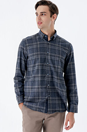 Uzun Kollu Ekoseli Gabardin Sert Yaka Cepli Garnili Casual Comfort Fit Gömlek 1004235111 Koyu Lacivert