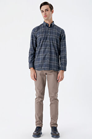 Uzun Kollu Ekoseli Gabardin Sert Yaka Cepli Garnili Casual Comfort Fit Gömlek 1004235111 Koyu Lacivert