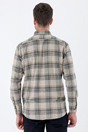 Uzun Kollu Ekoseli Gabardin Sert Yaka Cepli Garnili Casual Comfort Fit Gömlek 1004235111 Açık Bej
