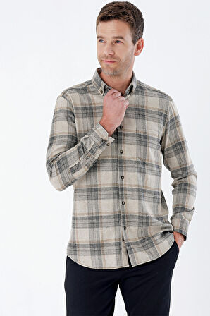 Uzun Kollu Ekoseli Gabardin Sert Yaka Cepli Garnili Casual Comfort Fit Gömlek 1004235111 Açık Bej
