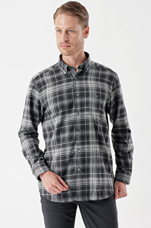 Uzun Kollu Ekoseli Gabardin Sert Yaka Cepli Garnili Casual Comfort Fit Gömlek 1004235112 Siyah