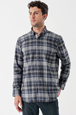 Uzun Kollu Ekoseli Gabardin Sert Yaka Cepli Garnili Casual Comfort Fit Gömlek 1004235112 Koyu Lacivert