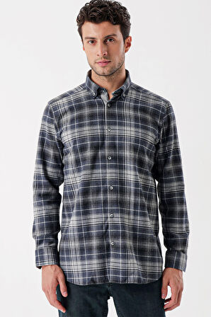 Uzun Kollu Ekoseli Gabardin Sert Yaka Cepli Garnili Casual Comfort Fit Gömlek 1004235112 Koyu Lacivert