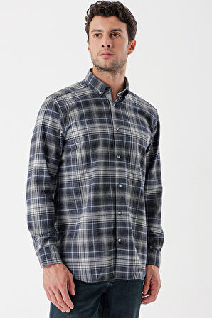 Uzun Kollu Ekoseli Gabardin Sert Yaka Cepli Garnili Casual Comfort Fit Gömlek 1004235112 Koyu Lacivert