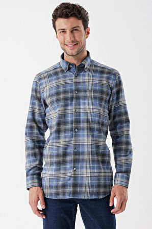 Uzun Kollu Ekoseli Gabardin Sert Yaka Cepli Garnili Casual Comfort Fit Gömlek 1004235112 Koyu Mavi