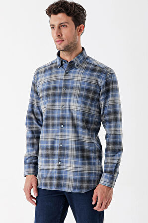 Uzun Kollu Ekoseli Gabardin Sert Yaka Cepli Garnili Casual Comfort Fit Gömlek 1004235112 Koyu Mavi
