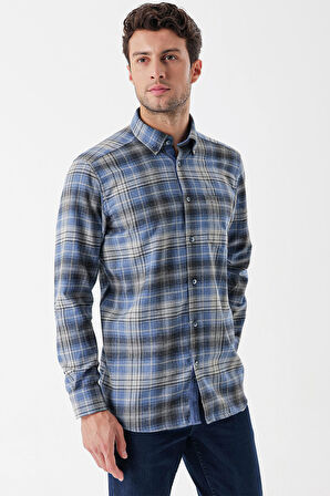 Uzun Kollu Ekoseli Gabardin Sert Yaka Cepli Garnili Casual Comfort Fit Gömlek 1004235112 Koyu Mavi