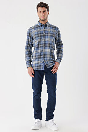 Uzun Kollu Ekoseli Gabardin Sert Yaka Cepli Garnili Casual Comfort Fit Gömlek 1004235112 Koyu Mavi