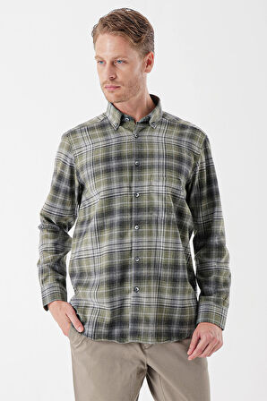 Uzun Kollu Ekoseli Gabardin Sert Yaka Cepli Garnili Casual Comfort Fit Gömlek 1004235112 Koyu Haki
