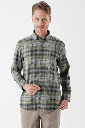 Uzun Kollu Ekoseli Gabardin Sert Yaka Cepli Garnili Casual Comfort Fit Gömlek 1004235112 Koyu Haki