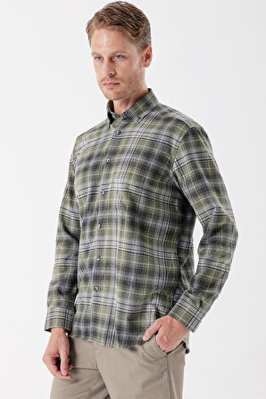 Uzun Kollu Ekoseli Gabardin Sert Yaka Cepli Garnili Casual Comfort Fit Gömlek 1004235112 Koyu Haki