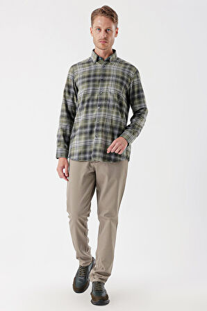 Uzun Kollu Ekoseli Gabardin Sert Yaka Cepli Garnili Casual Comfort Fit Gömlek 1004235112 Koyu Haki