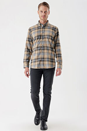 Uzun Kollu Ekoseli Gabardin Sert Yaka Cepli Garnili Casual Comfort Fit Gömlek 1004235112 Hardal