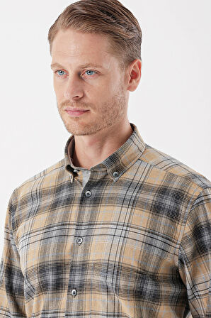 Uzun Kollu Ekoseli Gabardin Sert Yaka Cepli Garnili Casual Comfort Fit Gömlek 1004235112 Hardal