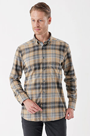 Uzun Kollu Ekoseli Gabardin Sert Yaka Cepli Garnili Casual Comfort Fit Gömlek 1004235112 Hardal