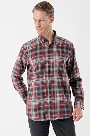 Uzun Kollu Ekoseli Gabardin Sert Yaka Cepli Garnili Casual Comfort Fit Gömlek 1004235112 Bordo