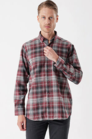 Uzun Kollu Ekoseli Gabardin Sert Yaka Cepli Garnili Casual Comfort Fit Gömlek 1004235112 Bordo
