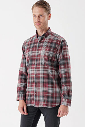 Uzun Kollu Ekoseli Gabardin Sert Yaka Cepli Garnili Casual Comfort Fit Gömlek 1004235112 Bordo