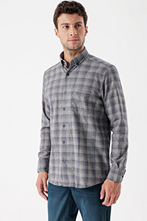 Uzun Kollu Ekoseli Gabardin Sert Yaka Cepli Casual Comfort Fit Gömlek 1004235113 Lacivert
